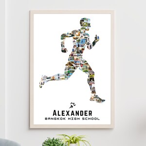 May include: A framed print featuring a silhouette of a runner composed of numerous smaller images. The name "ALEXANDER" and "BANGKOK HIGH SCHOOL" are printed in black below the runner silhouette.