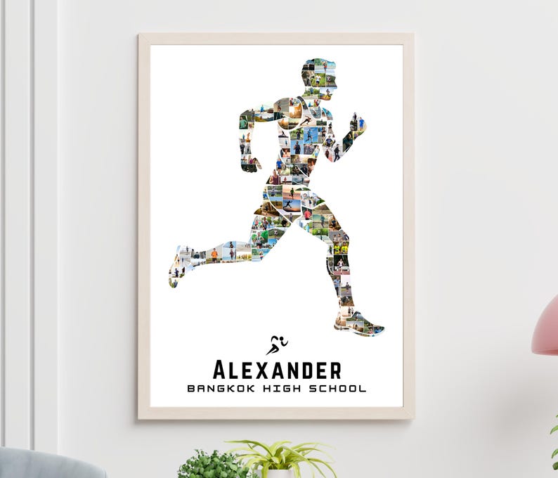 May include: A framed print featuring a silhouette of a runner composed of numerous smaller images. The name "ALEXANDER" and "BANGKOK HIGH SCHOOL" are printed in black below the runner silhouette.
