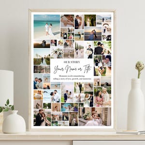 Op de afbeelding: Een ingelijste fotocollage met trouwfoto's. De collage bevat de tekst "OUR STORY" en ruimte voor een naam of titel, met de zin "Moments worth remembering, telling a story of love, growth, and memories."