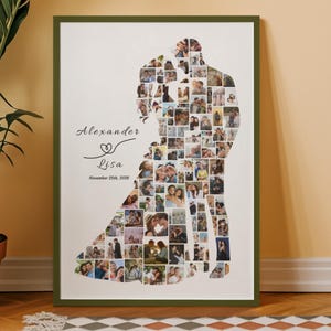 May include: A framed photo collage featuring a silhouette of a couple filled with numerous smaller photos. The names "Alexander" and "Lisa" are written in cursive above a heart symbol, with the date "November 25th, 2020" below.