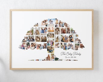 Collage de photos d'arbre généalogique - Illustration d'ascendance personnalisée - Impression généalogique personnalisée - Cadeau de célébration unique