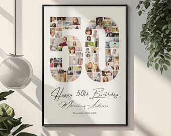 50th Birthday Photo Collage Sign Canva Template, Birthday Gift for mom, dad