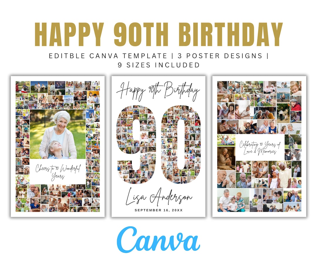 Editable Happy 90th Birthday Photo Collage Template, Personalized Gift ...