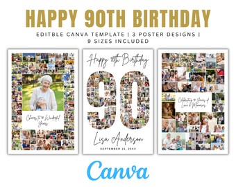 Editable Happy 90th Birthday Photo Collage Template, Personalized Gift Family Memory Collage, Digital Download