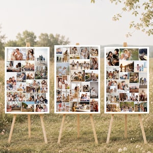 May include: Three white framed photo collages on wooden easels, each displaying numerous family photos. The collages are arranged outdoors in a field with tall grass and wildflowers, with a blurred background of trees and sky.