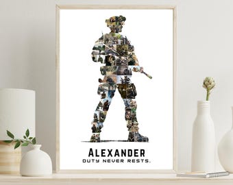Soldier Photo Collage – Military Silhouette Photo Poster – Personalized Army Gift – Veteran Tribute Wall Art