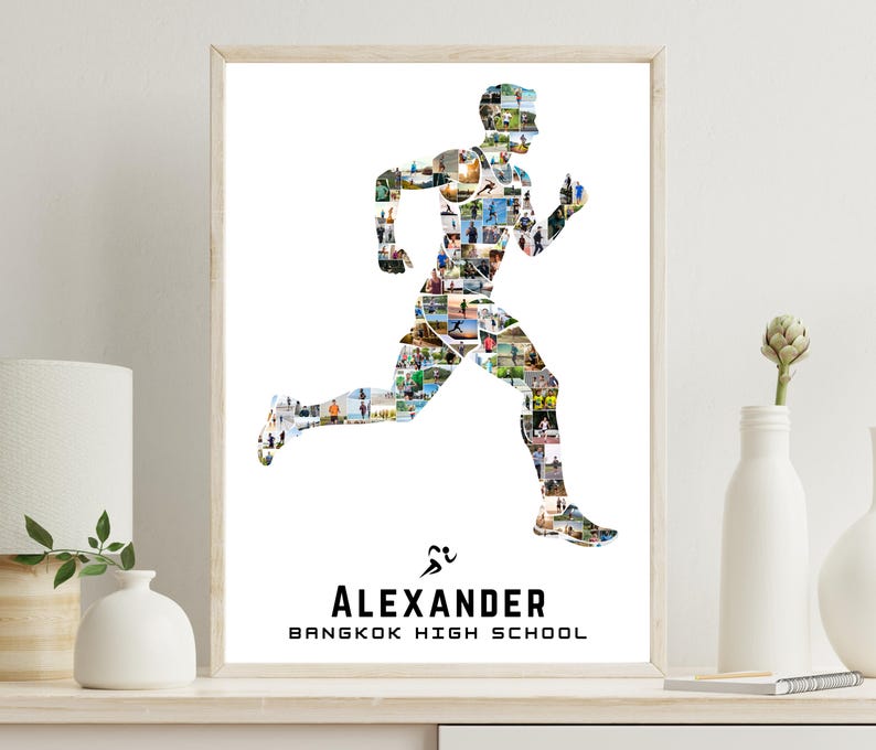 May include: A framed print featuring a running figure composed of numerous small photos. The name "ALEXANDER" and "BANGKOK HIGH SCHOOL" are printed in black below the runner silhouette. The print is in a wooden frame.