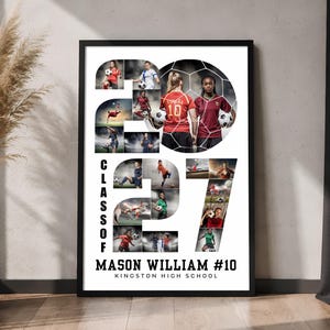 May include: A framed vertical poster featuring a photo collage arranged within the numbers 2027. The design includes multiple action shots of football players, the text CLASS OF 2027, MASON WILLIAM #10, and KINGSTON HIGH SCHOOL in black font.