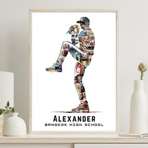May include: A framed print featuring a baseball pitcher silhouette filled with multiple photos. The pitcher is in mid-throw, wearing a cap and uniform. The name "ALEXANDER" and "BANGKOK HIGH SCHOOL" are printed in bold, black text at the bottom.