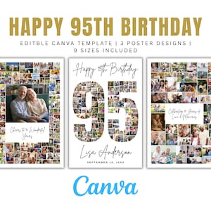 May include: A gold-colored poster design with the text "HAPPY 95TH BIRTHDAY". The poster includes three designs with photo collages, and the text "EDITABLE CANVA TEMPLATE | 3 POSTER DESIGNS | 9 SIZES INCLUDED". The Canva logo is at the bottom.