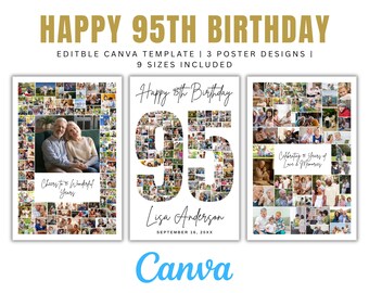 Happy 95th Birthday Photo Collage Canva Template, Personalized 95 Gift Poster, Custom Memory Collage