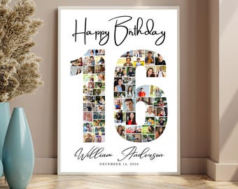 Happy 16th Birthday Photo Collage Template, Personalized 16 Number Poster, Custom Name Birthday Memory