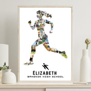 Op de afbeelding: Ingelijste print met een silhouet van een hardloper, samengesteld uit meerdere foto's. De hardloper is in beweging, met een paardenstaart en sportkleding. Onder de figuur staat de naam "ELIZABETH" en "BANGKOK HIGH SCHOOL" in zwarte tekst, met een klein hardloopicoon.