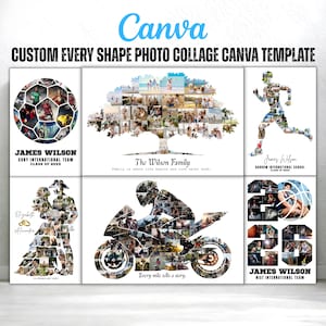 May include: A collection of photo collage templates with various shapes, including a soccer ball, a tree, a runner, a couple, a motorcycle, and a basketball player. Each collage is filled with multiple photos and includes text such as names and dates.