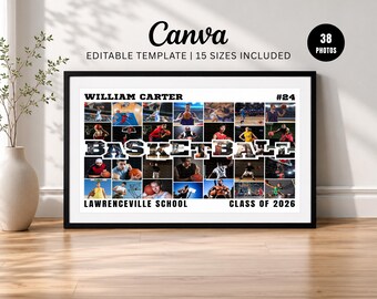 Bearbeitbare Basketball-Fotocollagenvorlage, Senior Night Basketball Poster, Sportgedächtnisgeschenk, Canva Download