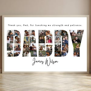 Pode incluir: Uma colagem de fotos emoldurada que soletra "DAD" com fotos de família. As palavras "Obrigado, pai, por me ensinar força e paciência" estão acima da palavra "DAD". O nome "James Wilson" está abaixo.