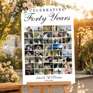 May include: A white sign on a wooden easel, with the words "Celebrating Forty Years" in elegant script. The sign features a collage of wedding photos and the names "Smith Williams" with a date.