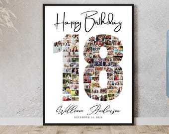 Happy 18th Birthday Photo Collage Canva Template, Personalized 18 Number Poster, Custom Birthday Memory