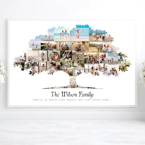 Puede incluir: Un collage de fotos familiares enmarcado en blanco con forma de árbol. El collage presenta múltiples fotos familiares dispuestas en forma de árbol, con el texto "The Wilson Family" y una cita debajo.