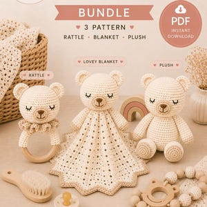 Casey the Bear Bundle Crochet Pattern PDF | Bear Plush + Lovey Blanket + Baby Rattle | Amigurumi Pattern | English & Spanish