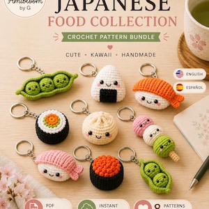 Pacote de padrão de crochê de comida japonesa | 8 padrões de chaveiros Kawaii Amigurumi PDF | Edamame Onigiri Sushi Bao Dango | Inglês e Espanhol