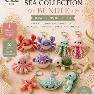Sea Animal Crochet Pattern Bundle PDF | 8 Kawaii Amigurumi Keychain Patterns| Crab Turtle Octopus and+ | English Spanish | Instant Download