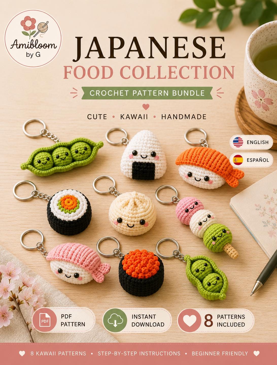Japanese Food Crochet Pattern Bundle | 8 Kawaii Amigurumi Keychain