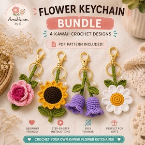 Puede incluir: Cuatro llaveros de flores de ganchillo con cierres dorados, incluyendo una rosa rosa, un girasol amarillo, dos flores moradas en forma de campana y una margarita blanca. Texto: FLOWER KEYCHAIN BUNDLE, 4 KAWAII CROCHET DESIGNS, PDF PATTERN INCLUDED!