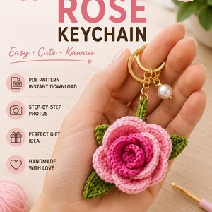 Puede incluir: Un documento de patrón de ganchillo amigurumi para llavero de rosa con el texto Amibloom by G, Crochet Rose Keychain, Easy, Cute, Kawaii, PDF Pattern Instant Download, Step-by-Step Photos, Perfect Gift Idea, Handmade With Love y Create Your Own Kawaii Rose.