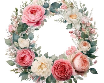 Floral Wreath Clipart, 10 Watercolor Rose & Peony PNG, Scrapbook, Printable Wedding Invitation, Digital Download, Paper Crafts, Junk Journal