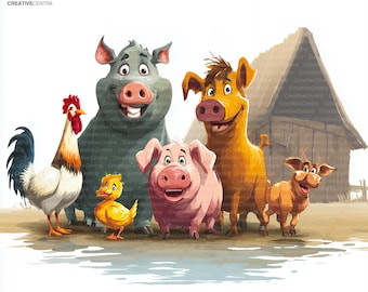 13 Farm Animals Clipart, Cute Barnyard Bundle, Kids Nursery Art, Printable Watercolor JPEG, Digital download, Scrapbook, junk journal