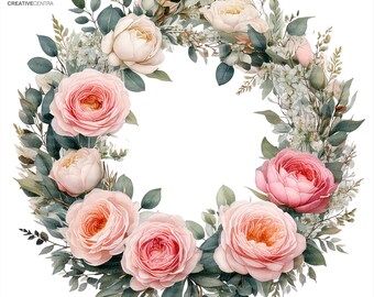 Watercolor Floral Wreath Clipart, 20 Botanical PNG, Printable Eucalyptus Greenery Frame, Wedding Invitation Art, Scrapbook, Digital Download