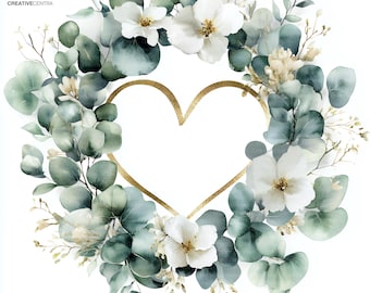 May include: Watercolor floral wreath with a gold heart-shaped frame. The wreath features white flowers, green eucalyptus leaves, and delicate sprigs. The Creative Centra logo is in the upper left corner. Perfect for wedding invitations and stationery.