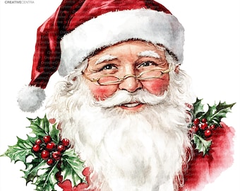 12 Christmas Santa Claus Clipart, Vintage Christmas Santa Art, Printable Watercolor PNG, Digital download, Scrapbook, junk journal, Crafts