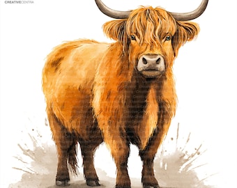 12 Scottish Highland Cow Clipart, Rustic Farm Animal Illustration, Printable Watercolor PNG, Digital download, Scrapbook, junk journal
