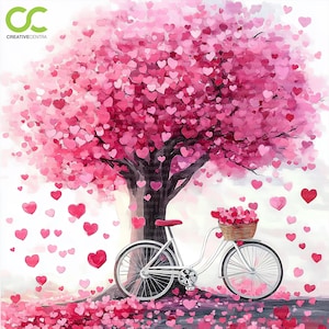 May include: A watercolor painting of a pink heart-shaped tree with a white bicycle parked beneath it. The bicycle has a red seat and a basket filled with pink hearts. Pink hearts are scattered around the tree and on the ground.