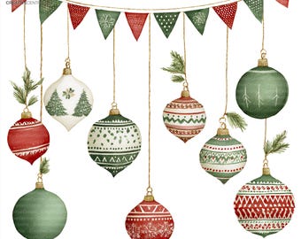 16 Scandinavian Baubles Garland Clipart, Nordic Christmas Ornaments, Printable Watercolor PNG, Digital download, Scrapbook, junk journal