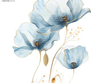 20 Elegant Blue Flower Clipart Bundle, Poppy Style Botanical Floral, Printable Watercolor PNG, Digital download, Scrapbook, junk journal
