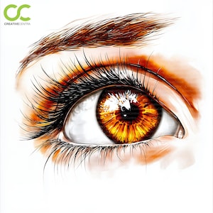 Op de afbeelding: Gedetailleerde illustratie van een menselijk oog met een levendige amberkleurige iris. Het oog heeft lange, donkere wimpers en een duidelijke wenkbrauw. Het kunstwerk staat tegen een witte achtergrond, met het CreativeCentra-logo linksboven.