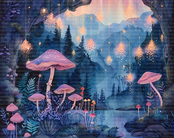 12 Fantasy Night Forest Clipart, Magical Mushroom Landscape, Printable Watercolor PNG, Digital download, Scrapbook, junk journal, Fairy Tale