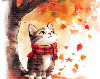 Könnte beinhalten: Aquarellillustration einer getigerten Katze mit einem rot-schwarz karierten Schal, die nach oben blickt. Die Katze steht unter einem Baum mit fallenden orangefarbenen und roten Herbstblättern. Das Kunstwerk hat eine warme, einladende Ausstrahlung.