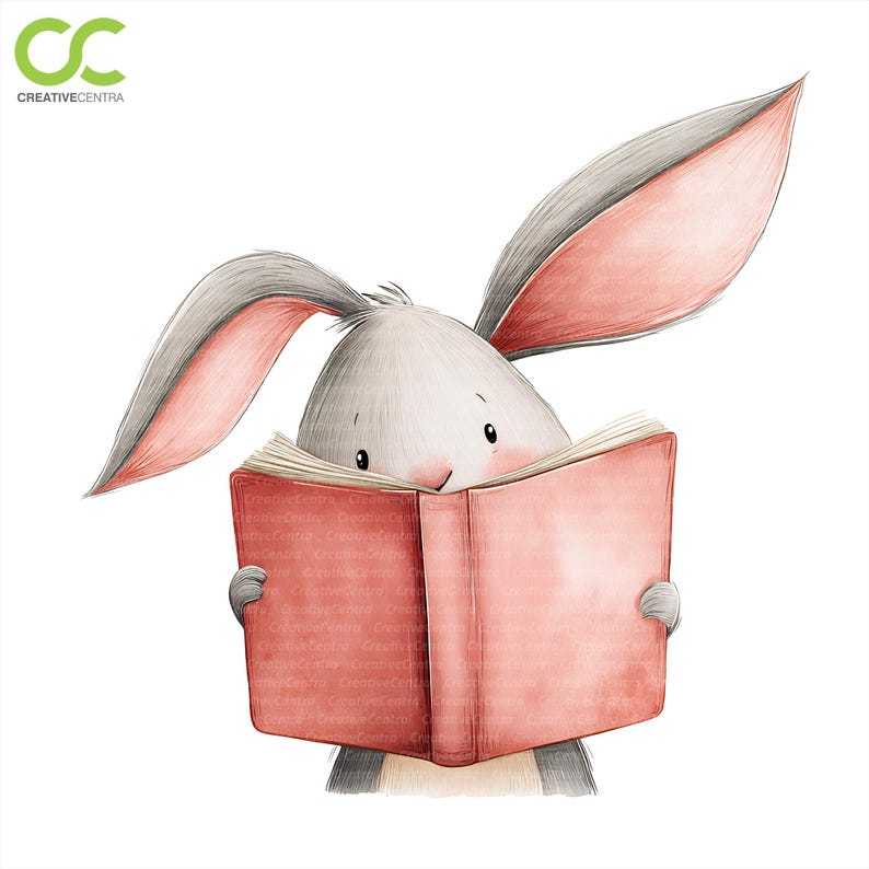 Printable Reader Rabbit 12 Bunny Reading Book Clipart, Cute Rabbit, Kids Nursery Art, Printable ...