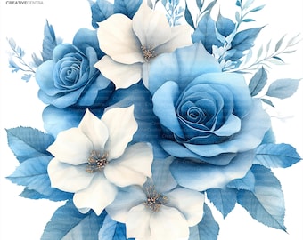 12 Blue Rustic Floral Clipart, Blue Rose & White Flower Wedding Bouquet, Printable Watercolor PNG, Digital download, Scrapbook, junk journal