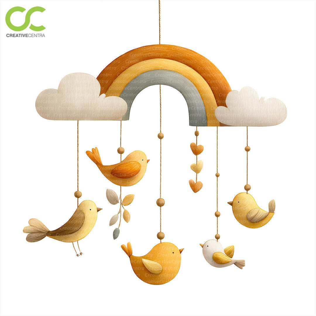 12 Boho Rainbow Baby Room Decor Clipart, Hanging Birds Nursery Art ...