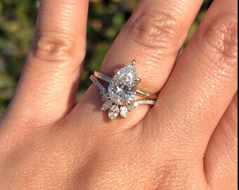 Anillo de compromiso de 3 quilates con corte de pera y detalles de hoja marquesa, moissanita o diamante cultivado en laboratorio, anillo nupcial de oro amarillo de 14 quilates.