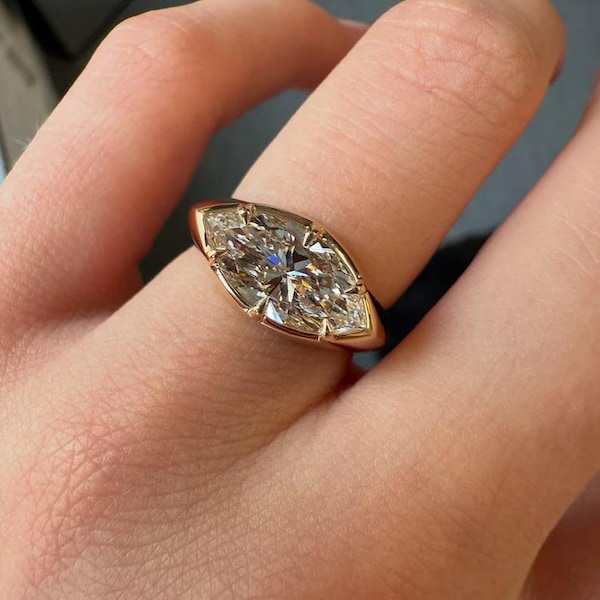 2 Ct Marquise Cut Engagement Ring, Bezel Set Moissanite or Lab Grown Diamond, 14K Yellow Gold Minimalist Bridal Ring, Gift For Her