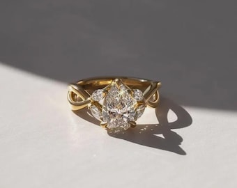 3 Ct Pear Moissanite Engagement Ring  Leaf Design Gold Ring Nature Inspired Pear Cut Ring  Unique Botanical Ring  Dainty Gold Bridal Jewelry
