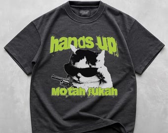 Camiseta gráfica con meme de gato divertido, camiseta retro vintage