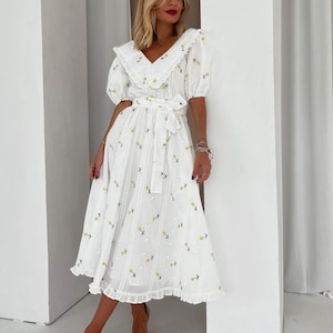 Cute cotton midi dress with floral print, ankle length short sleeve dress, white sun dress women, simple casual dress
