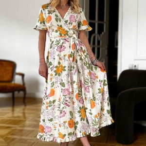 Enchanting floral maxi summer dress, elegant cotton summer dress, lightweight summer outfit, airy summer dress with short sleeves